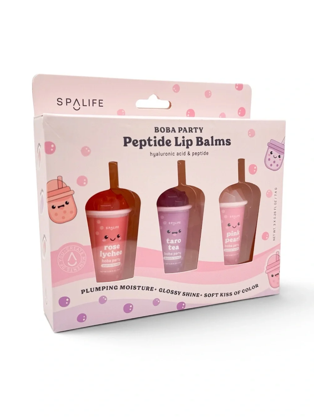 SpaLife Boba Party Peptide Lip Balm 3-Pc Set Rose Lychee Taro Tea Pink Pearl